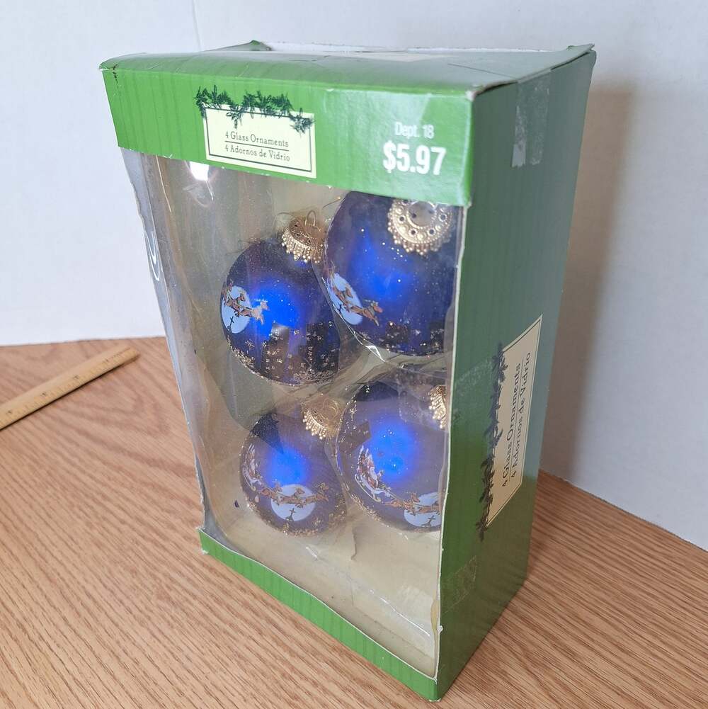 VTG Cobalt Blue Glass Christmas Ornaments Santa Sleigh Moon NIB NOS - Set Of 4